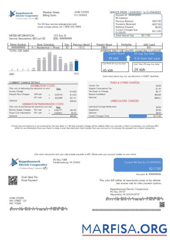 Blank USA Rappahannock Electric Cooperative utility bill template in Word and PDF format